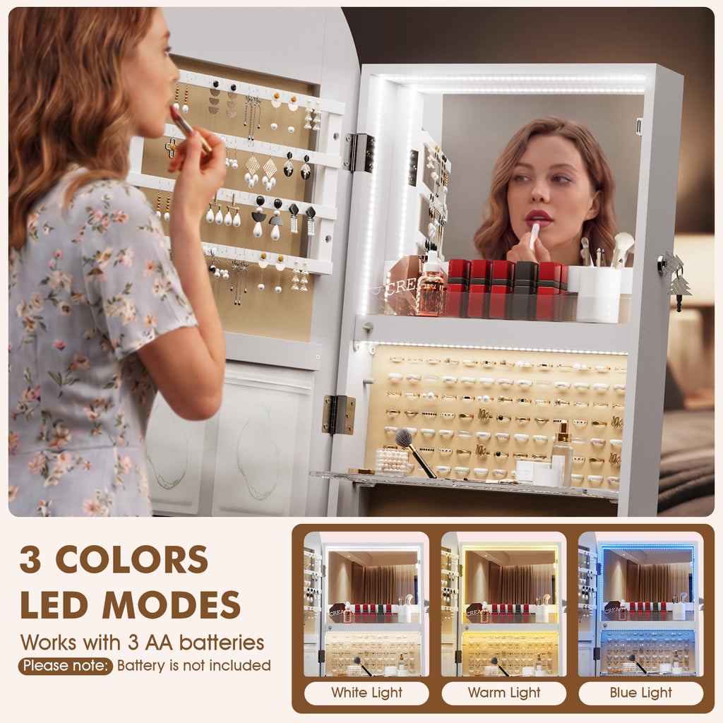 RGB Jewelry Cabinet with Full Length Mirror, 360° Swivel & Remote Control