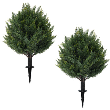 24" Artificial Cypress Topiary Tree with Ground Spike, Fake Shrubs UV Resistant Artificial Cedar Bushes, Set of 2 for