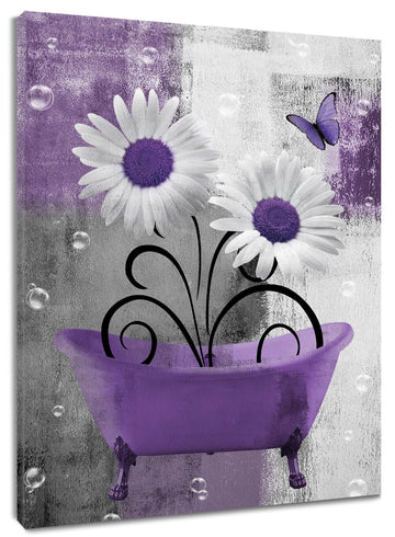 Purple Daisy Flower Canvas Wall Art Farmhouse Floral and Butterfly in Bathtub Bathroom Wall Art Modern Abstract