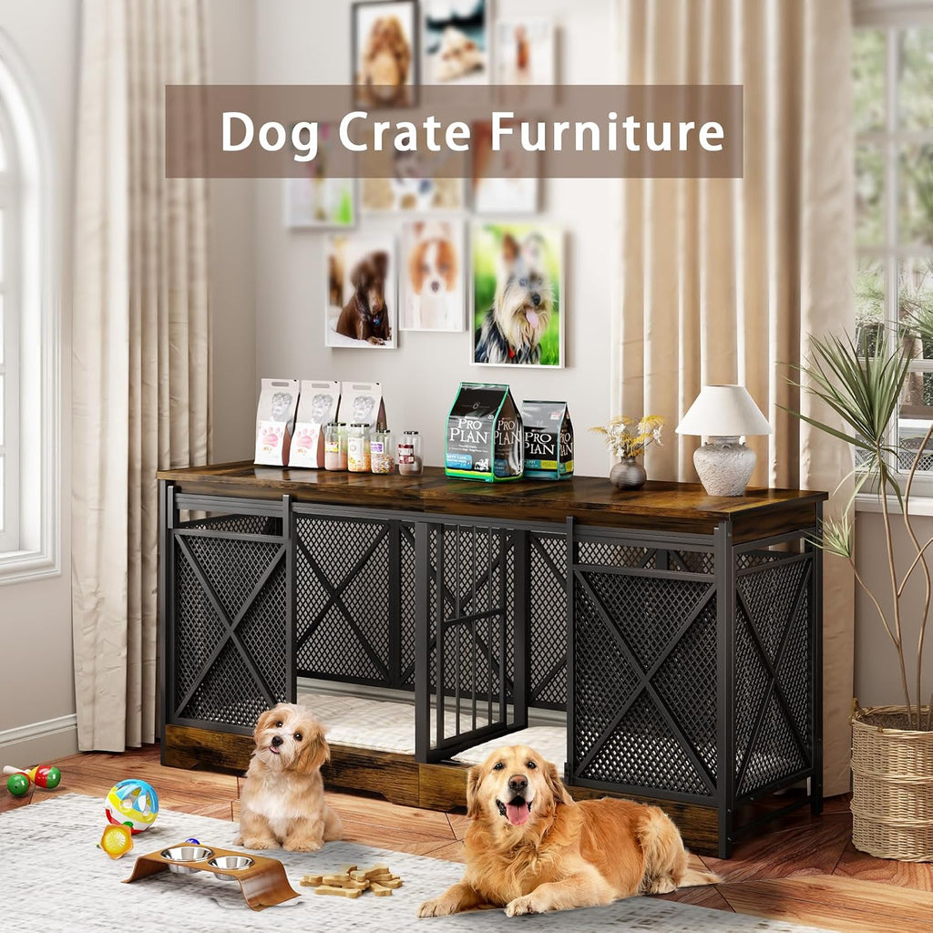 78 Inch Double Dog Crate Furniture, (Caramel Brown)