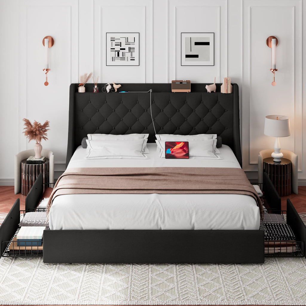 King Bed Frame with 4 Storage Drawers, Upholstered Platform Bed Frame with Type-C & USB Ports, Wingback Storage