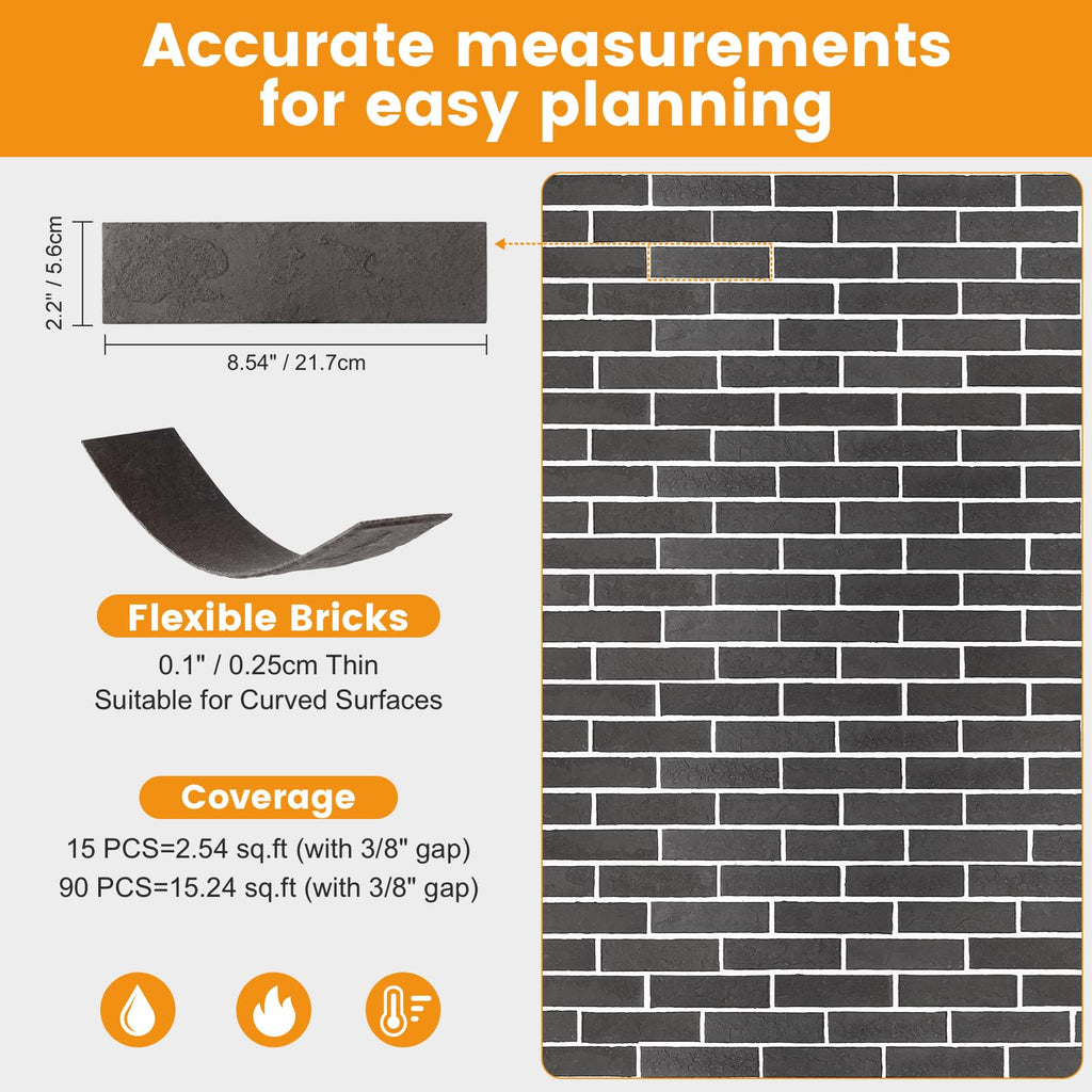 Gray Thin Brick Veneer Faux Brick Wall Panels - 15 PCS, 2.5 Sq.Ft for DIY Fireplace Surround, Kitchen Backsplash
