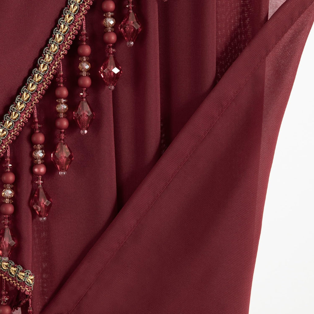 Burgundy Red Waterfall Curtains Valance, Soft Touch Silky Textured Voile Curtain Window Panels, 1 Piece Vintage