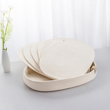 Oval Cotton Rope Placemats Set of 6 with Holder, Warm Ivory | 16 x 12 inch, machine washable, thick woven