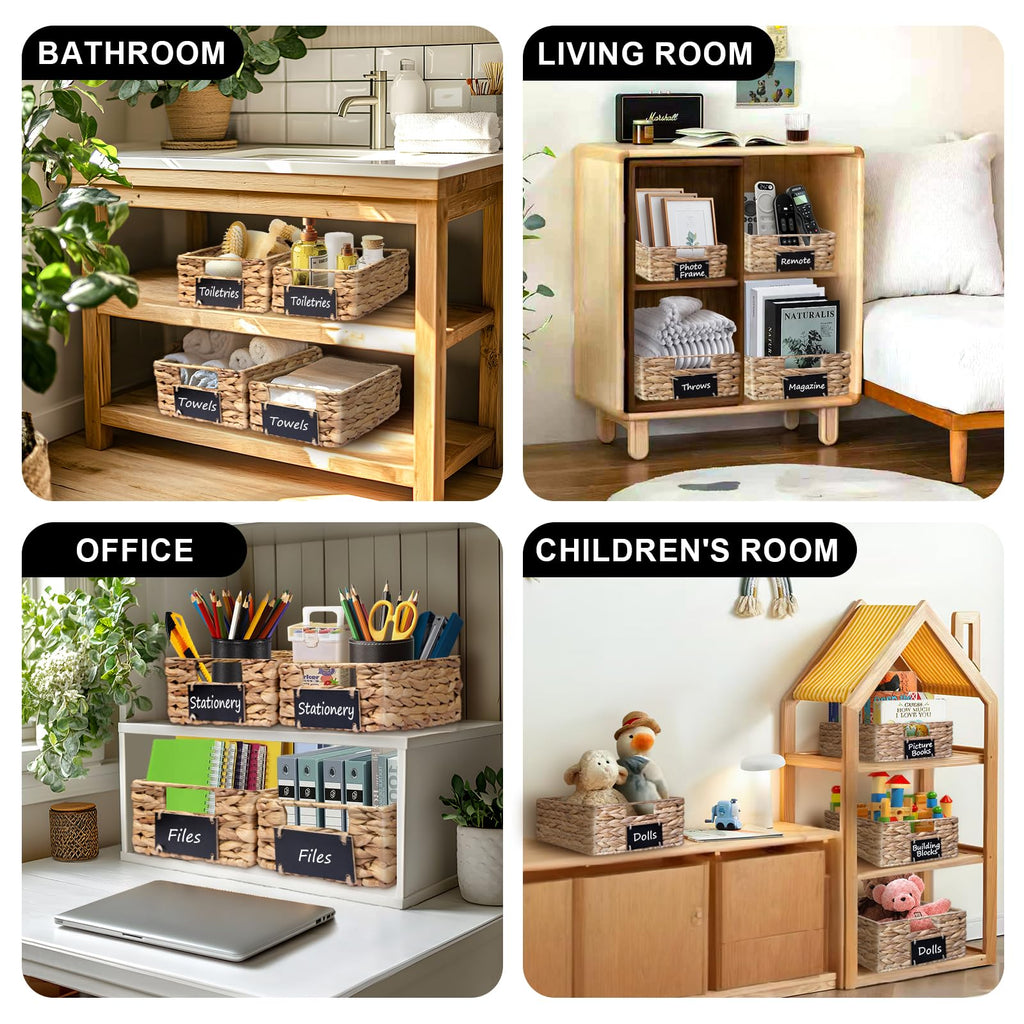 Set of 4 Sizes Hand-Woven Pantry Shelf Baskets, Hyacinth Storage Baskets with Chalkboard Labels & 2 Chalk Markers
