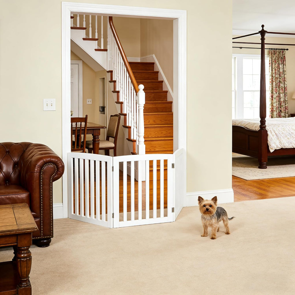 Dog Gate Pet Gate Indoor for Stairs Doorways 82x24 Inch 4 Panels Dog Fence Extra Wide Wooden White