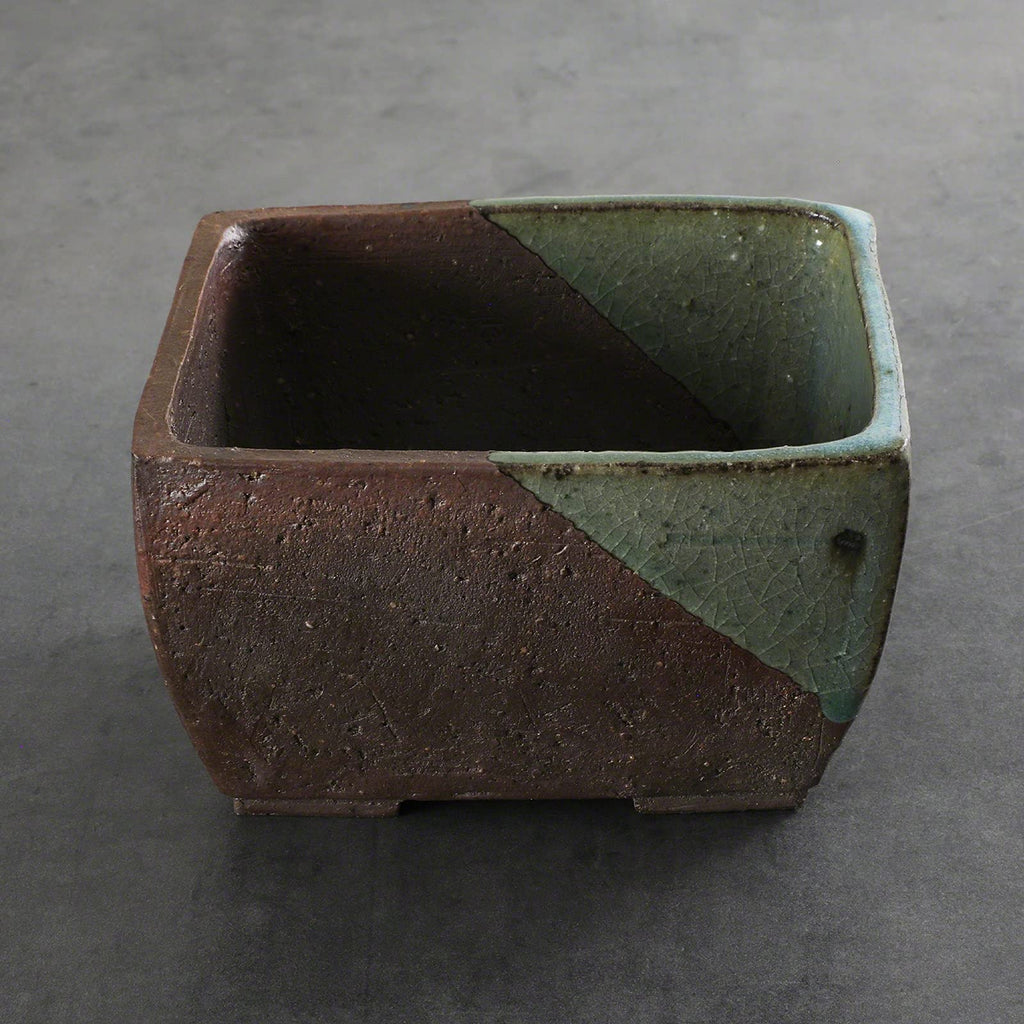 Tokoname Rectangular Bonsai Pot 5.3in, Handmade, Brown and Green