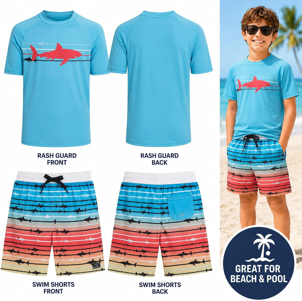 Boys Piece UPF 50 Short Sleeve Rash Guard & Swim Trunks