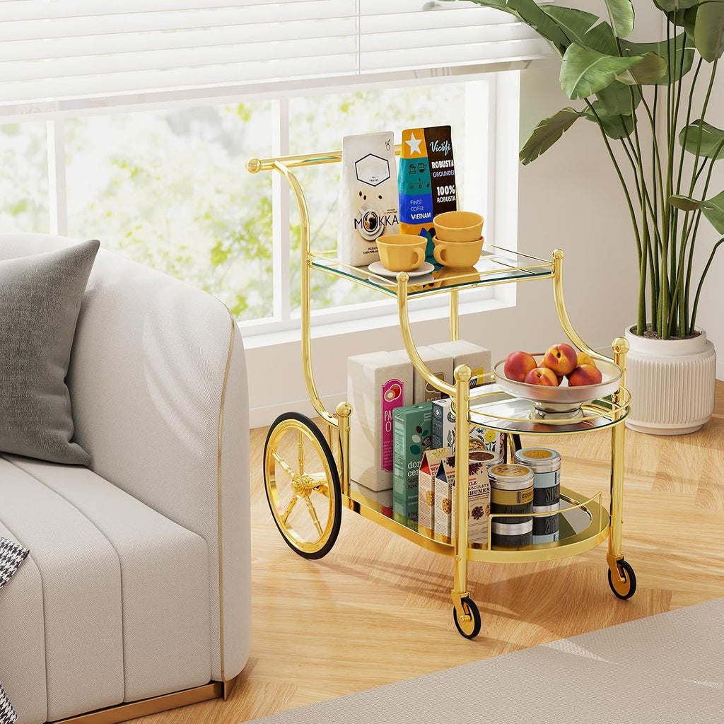 Rolling Serving Cart, 3-Tier Metal Bar Cart with Tempered Glass, 4 Wheels Tea Serving Bar Cart , Gold