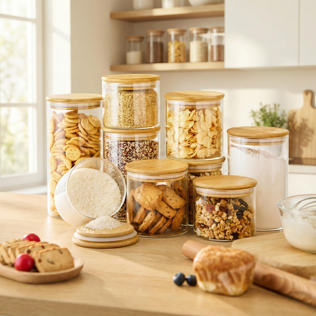 32 oz & 21 oz Round Glass Food Storage Containers with Bamboo Lids, 4 Pack