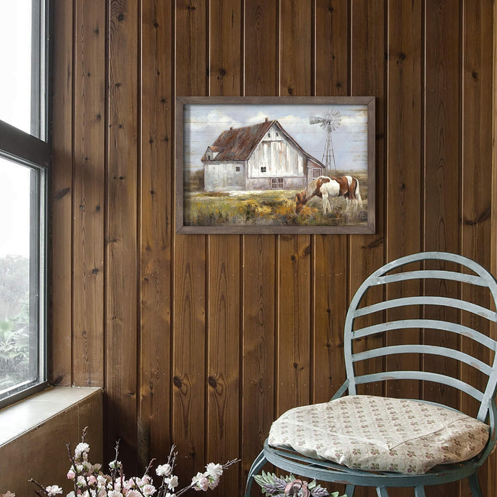 Horse Wall Art, Rustic Barn and Windmill Picture for Farmhouse, 11x16