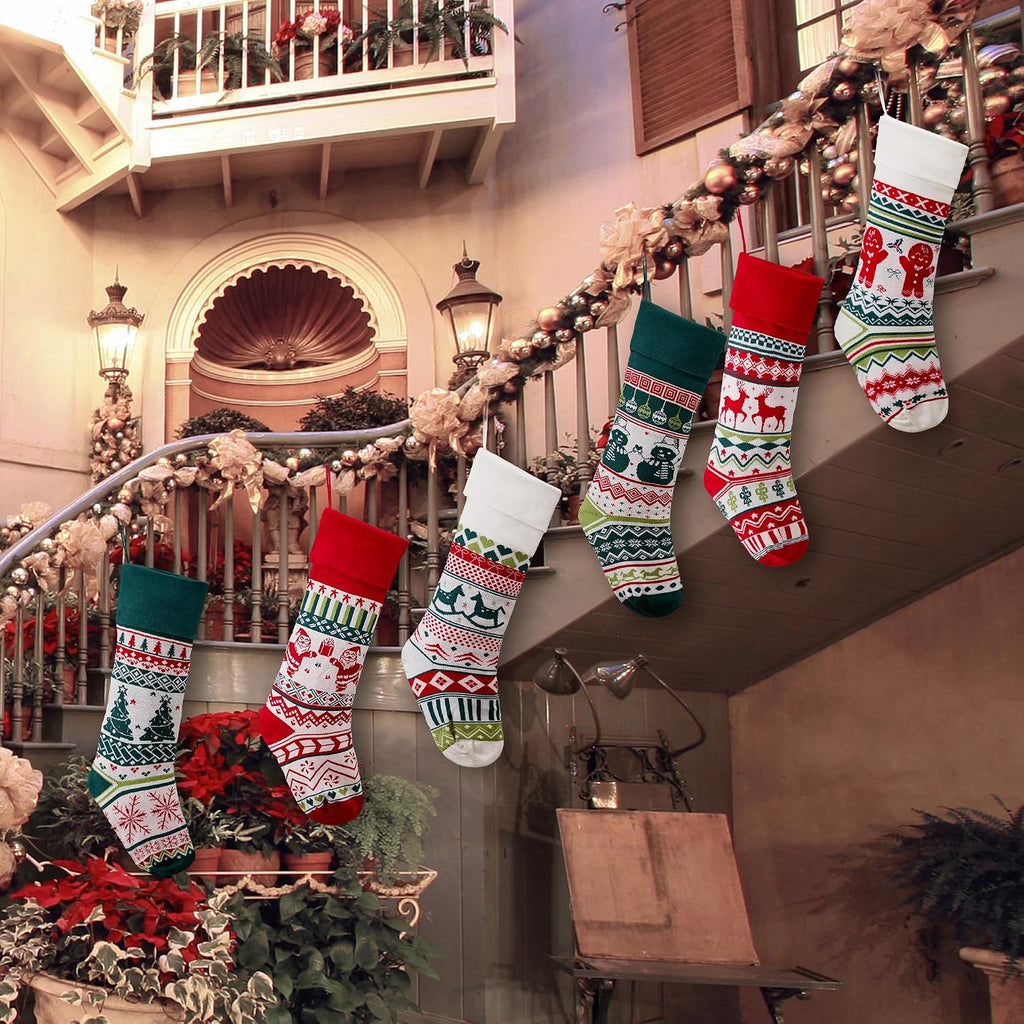6 Pack Christmas Stockings, 21 Inches Large Cable Knitted Stockings, Snowflake Reindeer Snowman Christmas Tree