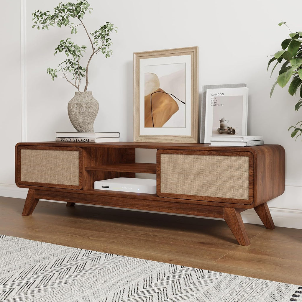 Mid Century Modern TV Stand for TVs up to 65'', Farmhouse Entertainment Center with Storage, TV Cabinet Table with