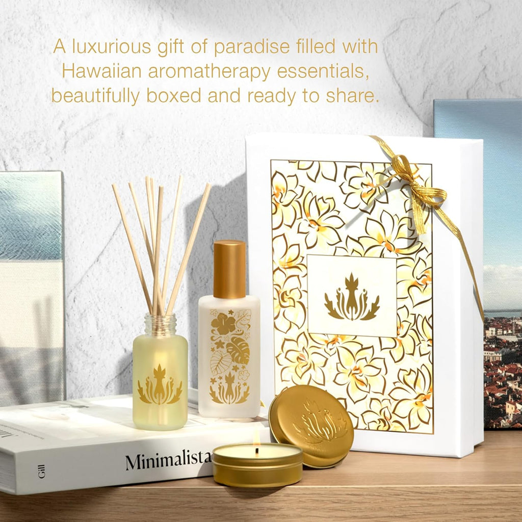 Home Ambiance Gift Box, Pikake, Hawaiian Aromatherapy Gift Set with Reed Diffuser, Ambiance Mist + Soy Candle