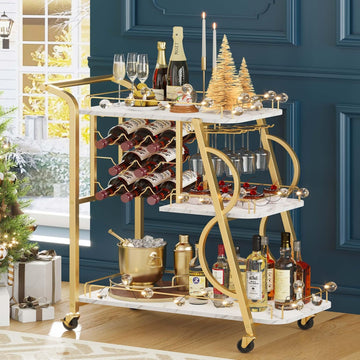 Bar Cart, Gold Bar Carts for The Home, Serving Cart with Wine Glass Holder, 3-Tier Drink Carts with Wheels, Rolling