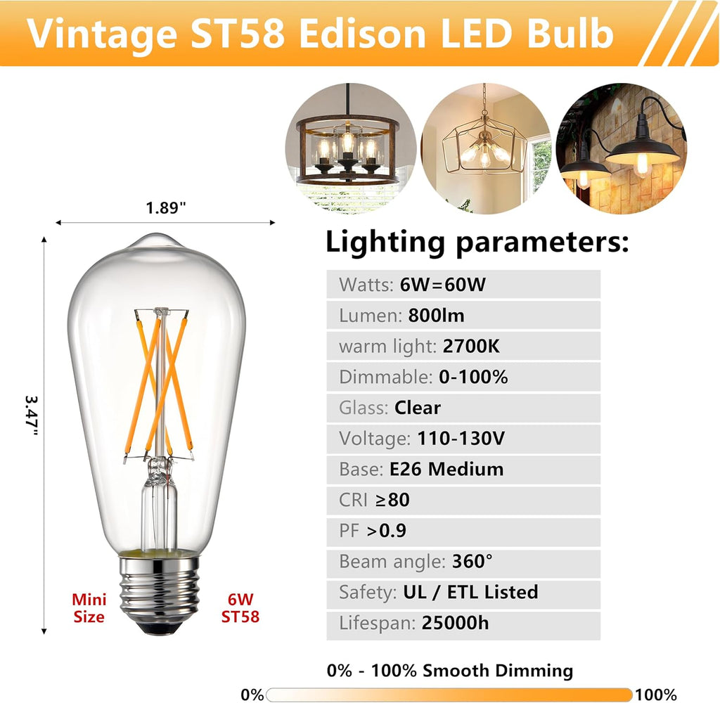 ST58 E26 LED Bulb 60 Watt Equivalent 2700K, 6 Pack