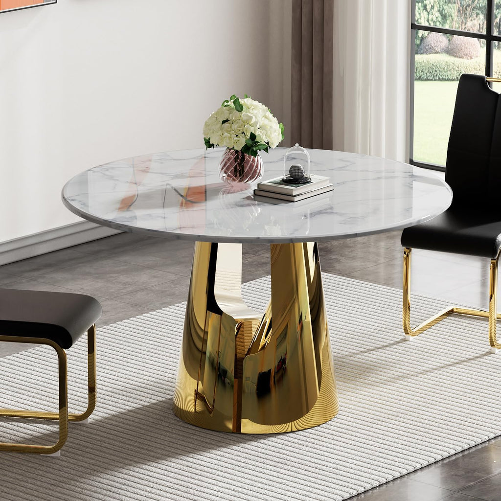 Luxury Marble Round Dining Table for 4-6, White Gold 45" Faux Marble Kitchen Table with Mirrored Stainless Steel