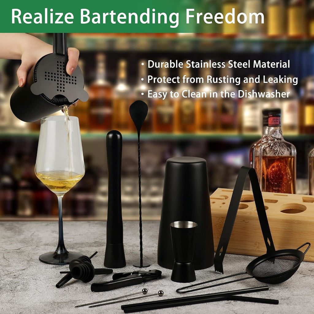 Cocktail Shaker Set Bartender Kit with Bamboo Stand, 15-Piece Stainless Steel Bar Set Accessories, Professional - Set of 15