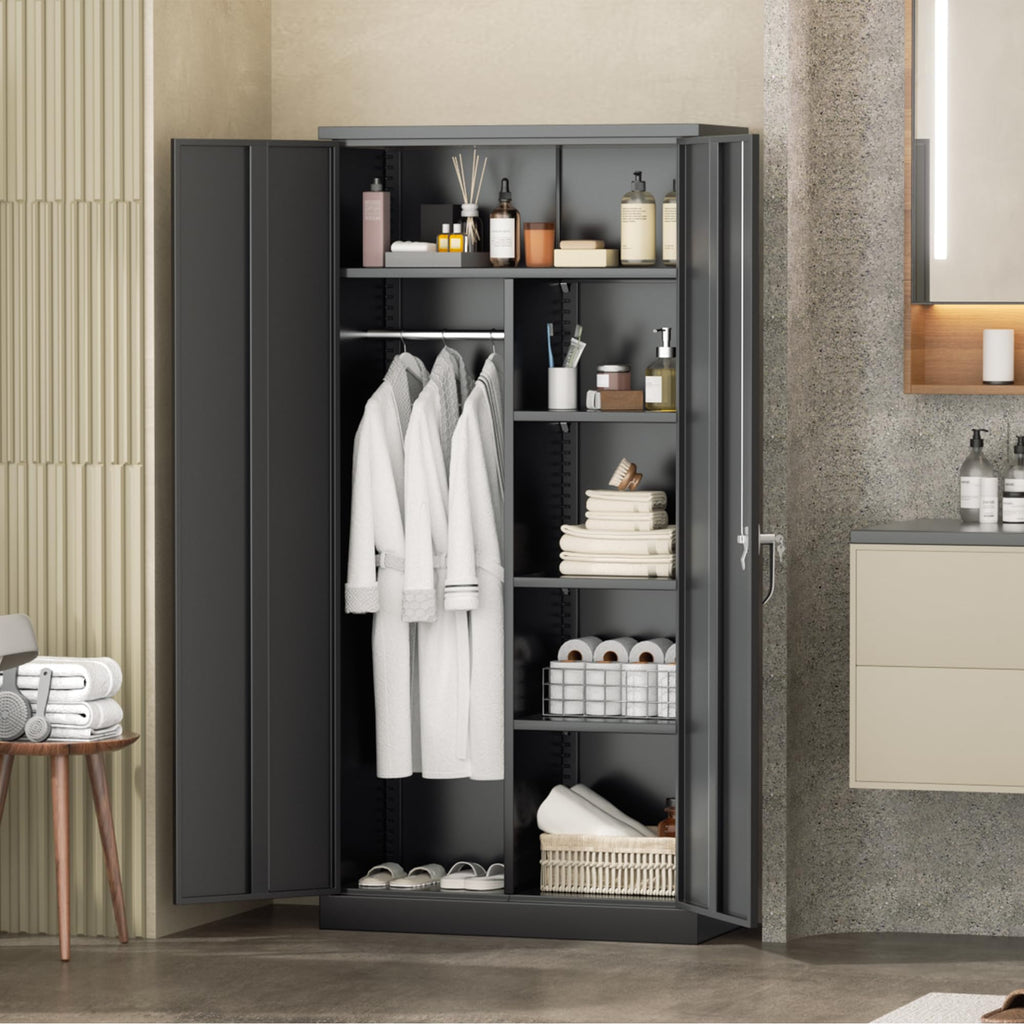 Metal Wardrobe Cabinets with Lock, 72" Clothing Storage Cabinets with Hanging Rod and 4 Adjustable Shelves, Armoire