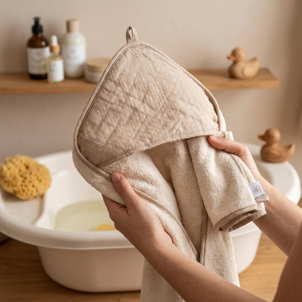 Hooded Baby Bath Towel & Wash Mitt Set, 100% GOTS Organic Cotton