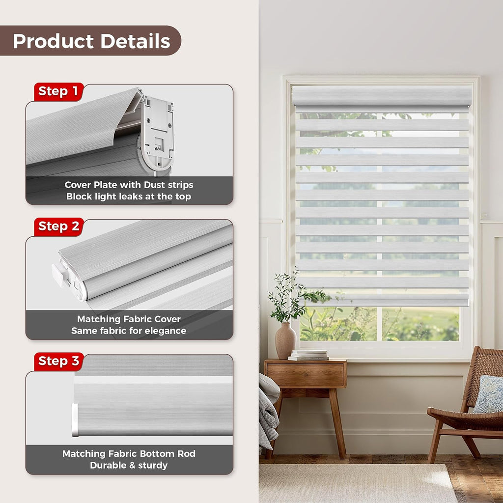 No Drill No Tools Cordless Zebra Blinds, Renter Friendly, Dual Layer Shades for Indoor Windows, Easy to Install