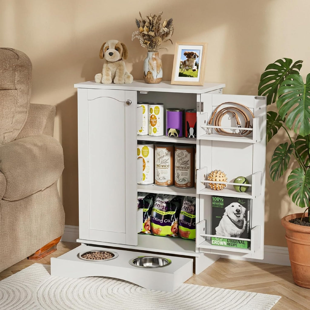 23.5"(w) Dog Feeding Station with Storage, Dual Door Hung Storage, Hidden Feeding Bowls, (Off White)