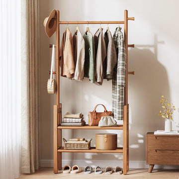 Solid Wood Clothing Rack with Shelves - Coat Rack Freestanding with 6 Hooks, 3-in-1 Hall Tree for Hanging Clothes