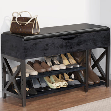 Shoe Bench, Lift Top Shoe Storage Bench, Adjustable Shelf Entryway Bench with Padded Cushion for Entry, Closet