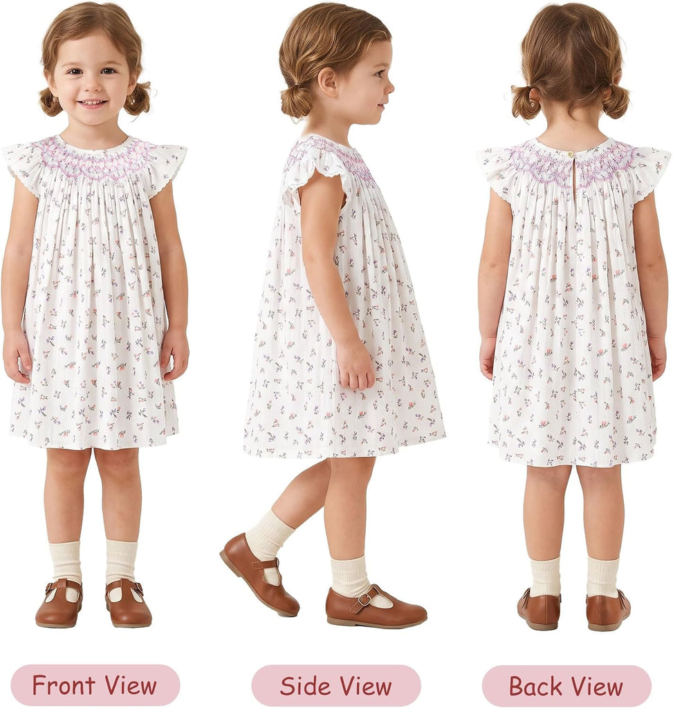 Baby Girl Smocked Dress Summer Casual Short Sleeve Dresses Floral Print Sundress Princess Dress for Toddlers