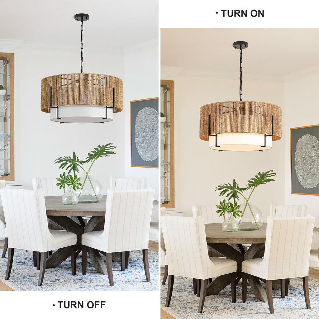 25.6" Large Rattan Chandelier, 6-Light Boho Pendant Light