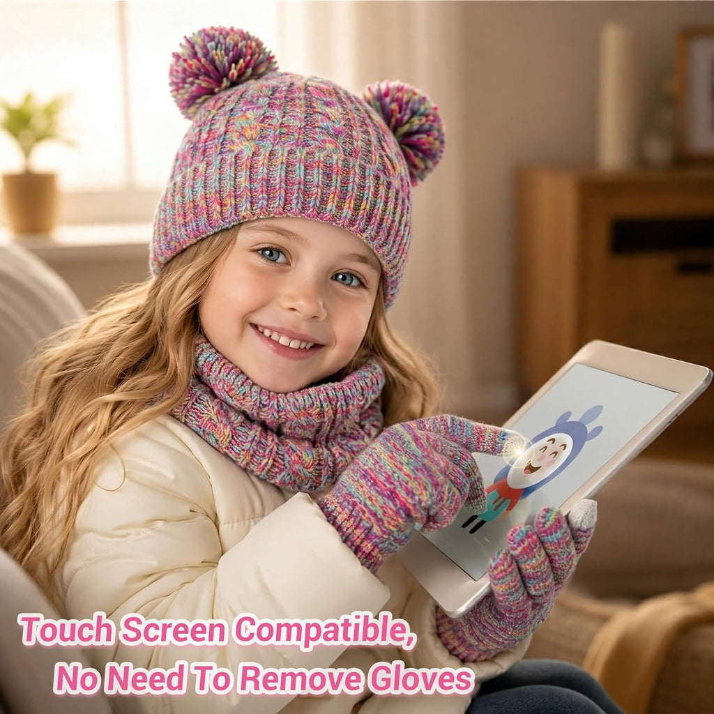 Kids Winter Hat Gloves Scarf Set, Unisex Children Beanie Hat with Pom