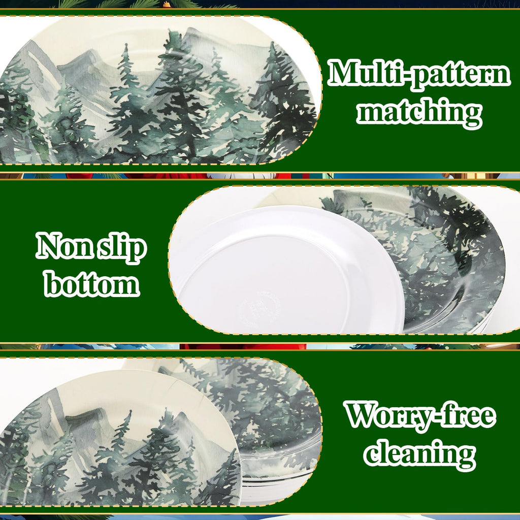 10 Inch 8 Pcs Christmas Melamine Dinner Plates, Green Tree