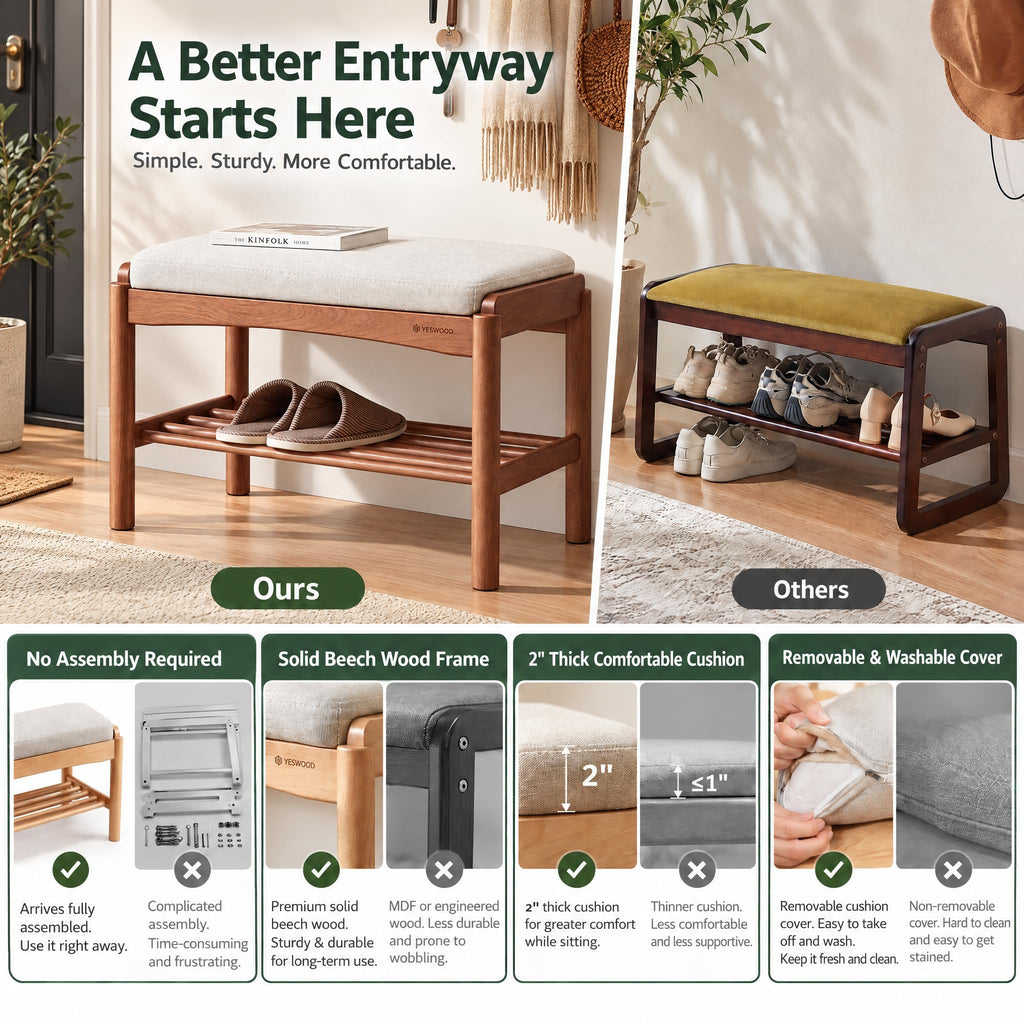 Solid Wood Shoe Bench, 24 Inch Entryway Bench with Light Gray Cushion