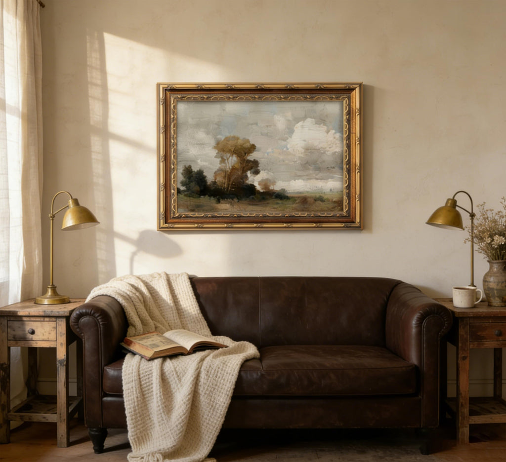 Vintage Gold Framed Landscape Wall Art Antique Cloudy Country Tree Painting
