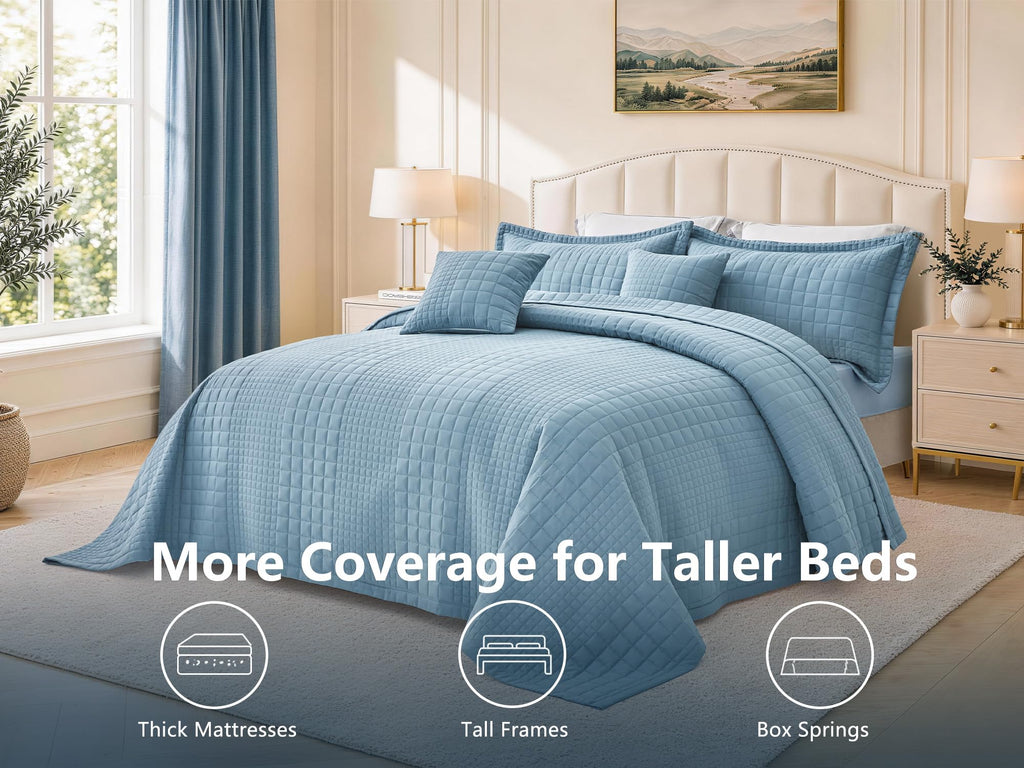 Oversized King Bedspreads 128x120, Grid Stitch, Blue Gray