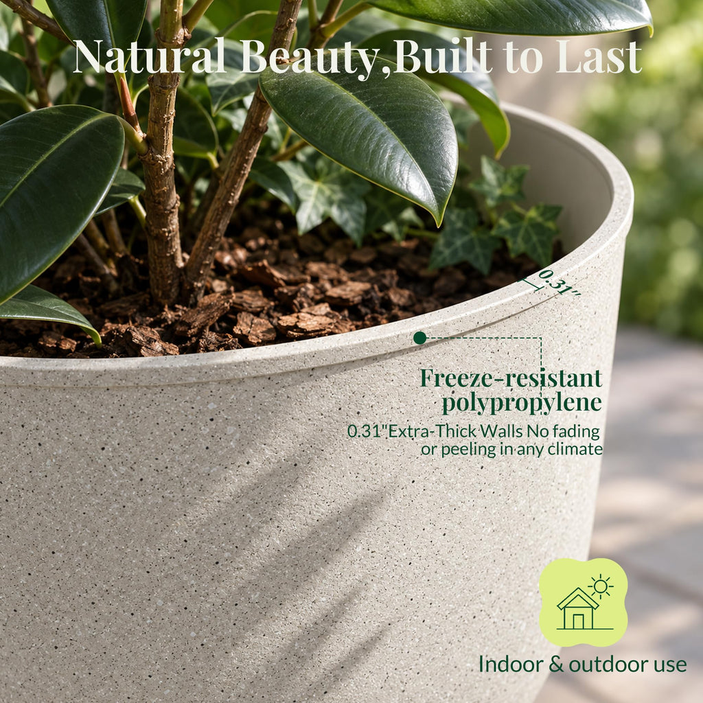 15 Inch Tall Planters, Beige Plastic Urn Planters, 2 Pack