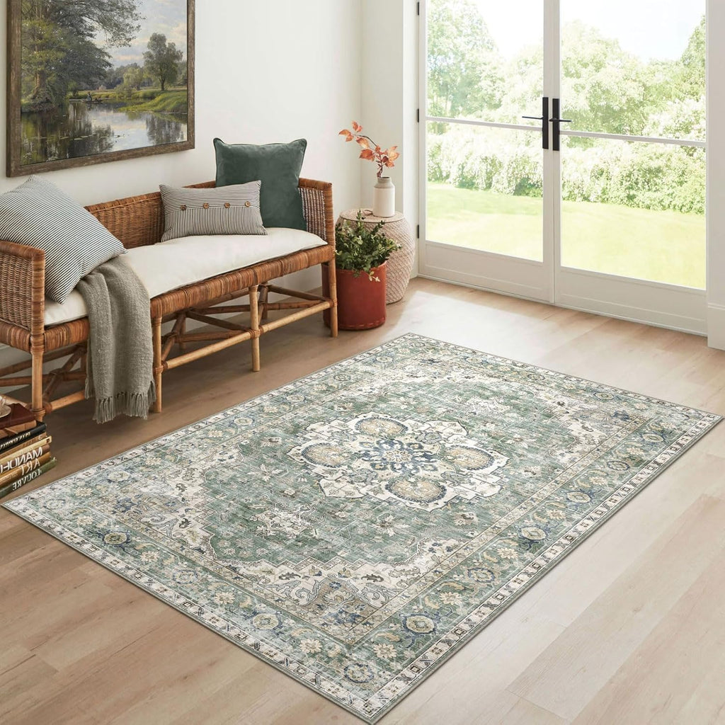 3x5 Washable Area Rug - Small Entryway Rug Non-Slip Sage Green Vintage Oriental Kitchen Rugs Low Pil