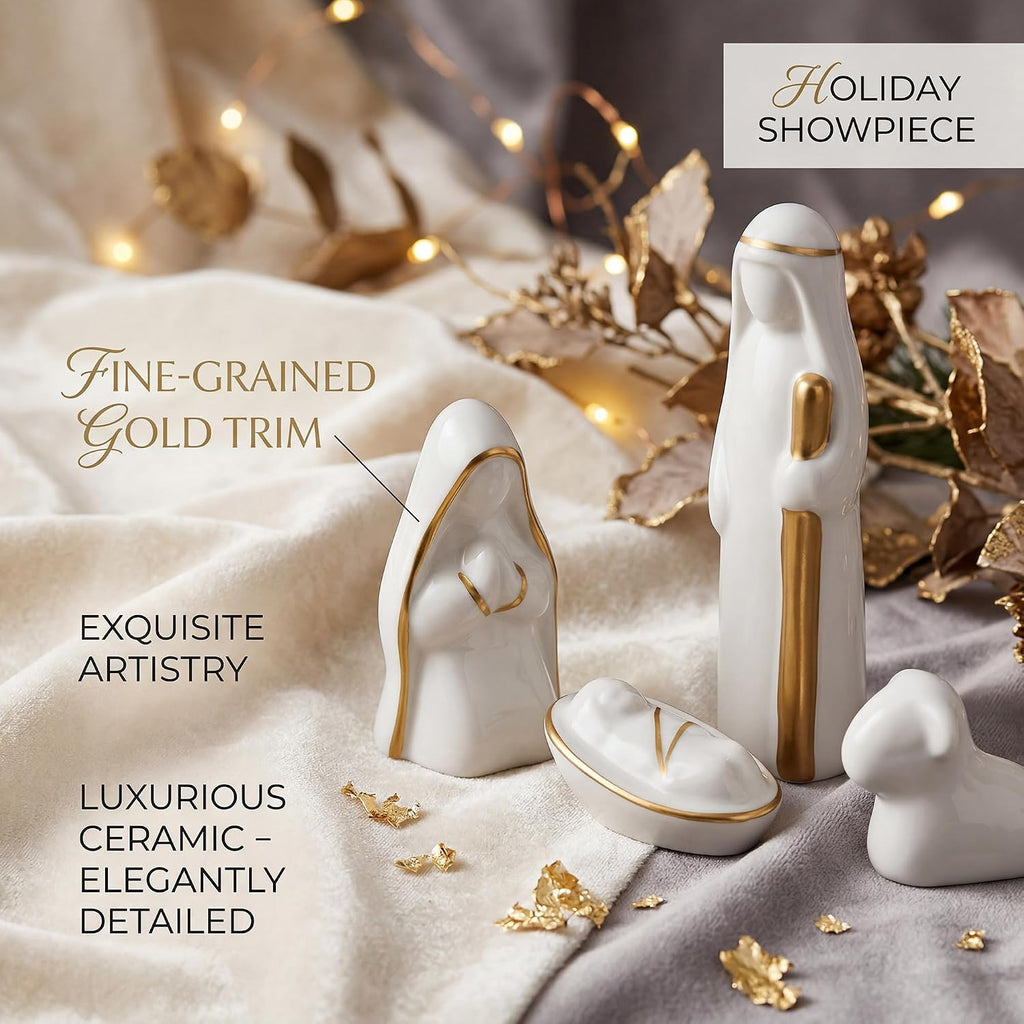 Ceramic 13Pcs Nativity Scene Set with Gold Trim
