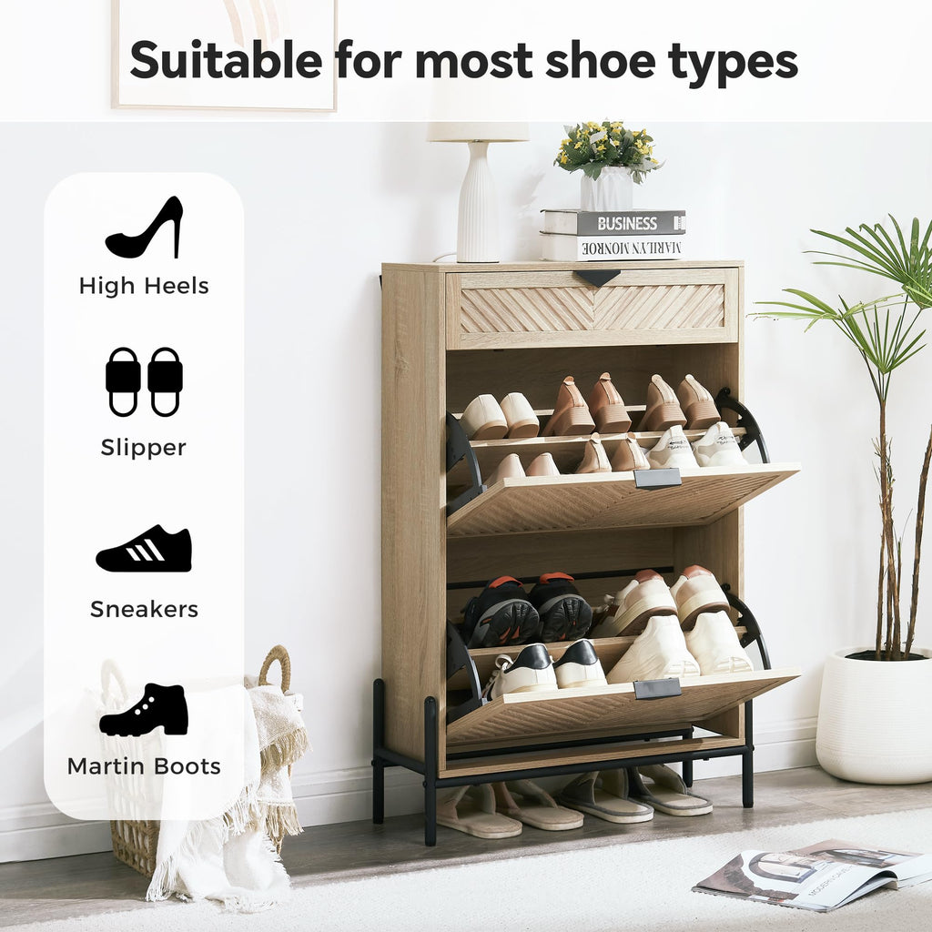 Shoe Cabinet with 2 Flip Drawers, Narrow Entryway Rack, Oak