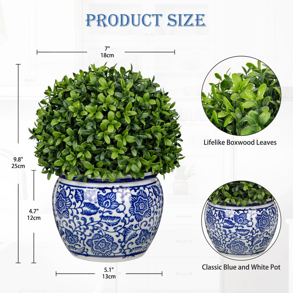 Artificial Topiary Boxwood Ball in Blue and White Ceramic Pot, 10 Inch Artificial Boxwood in Planters Decorative Fake