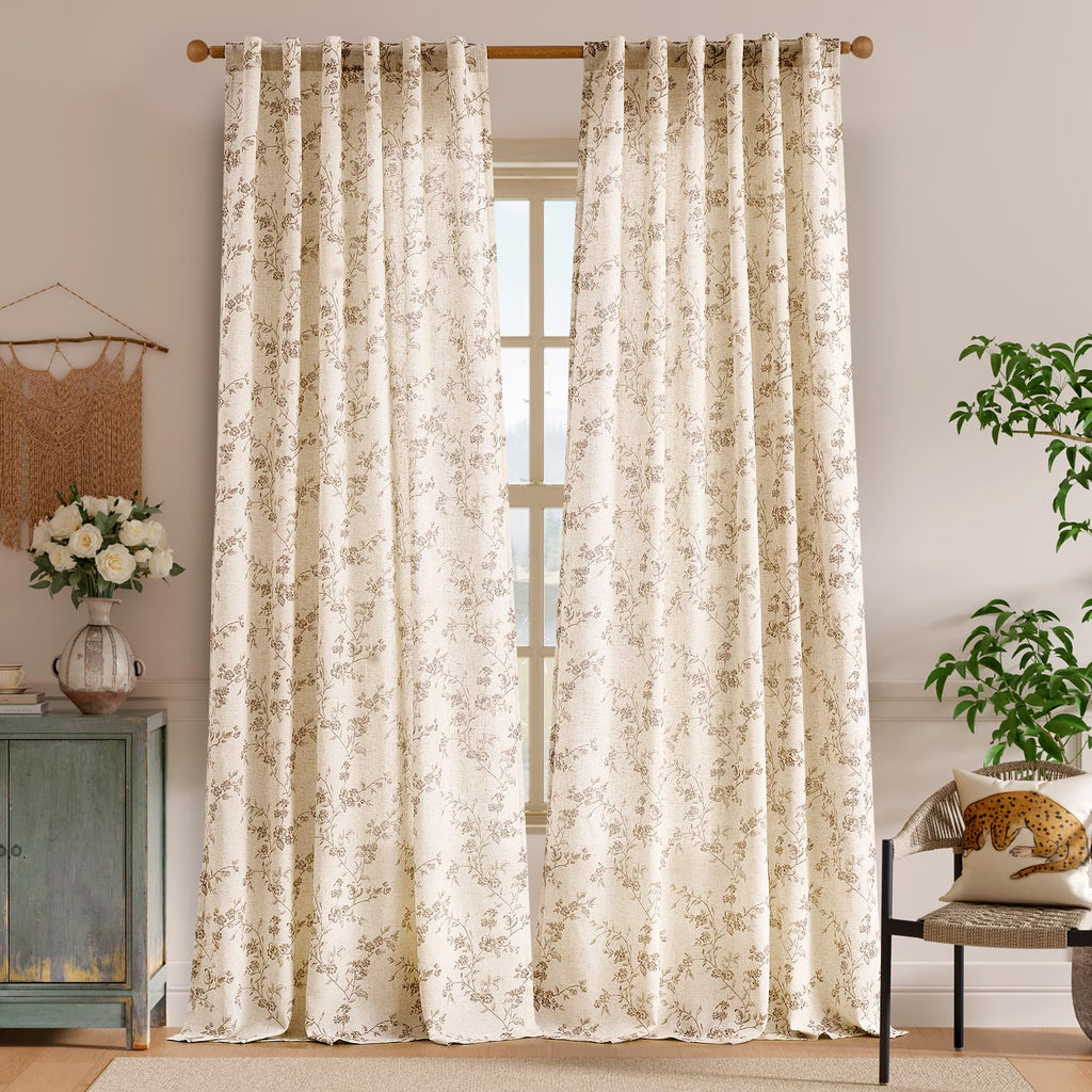 " Farmhouse Polyester blended Curtains Taupe Floral Curtains 96 Inch Length Back Tab Drapes Bedroom Light Filtering