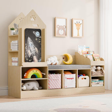 MU Kids Bookshelf with Reading Nook, Wooden Toy Storage Organizer with Chalkboard and Bench, Kids Reading Nook for