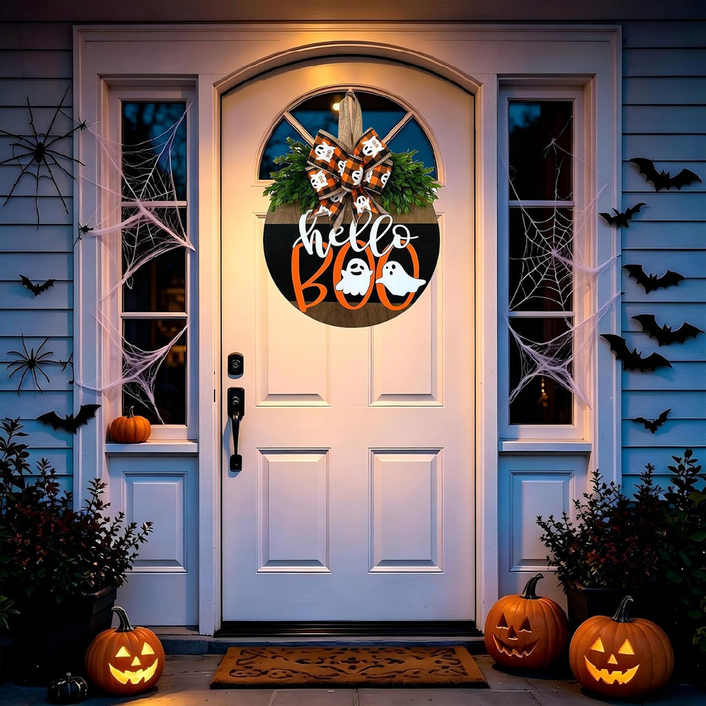 Halloween Wreaths for Front Door, Cute Ghost Wreath with Bow Decor