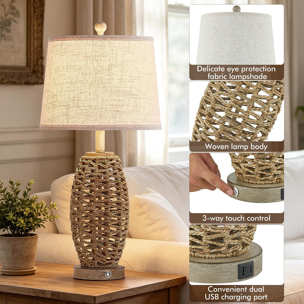 Rattan Table Lamp, Dimmable Touch Lamp for Bedside Table, Rustic Vintage Table Lamp with USB Ports, Farmhouse