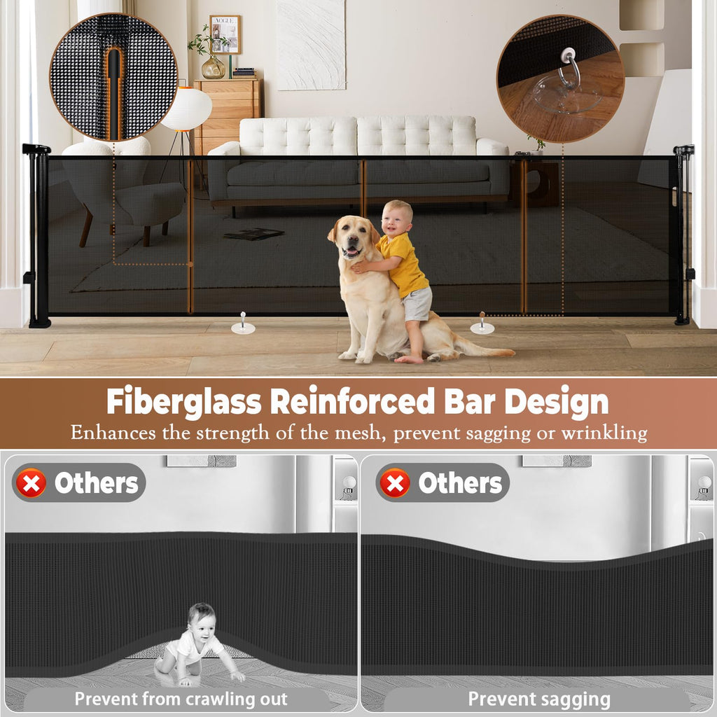 120" Retractable Baby Gate Extra Wide, 41" Tall Retractable Dog Gate for Stairs, Doorways, Decks, Mesh Gate Long