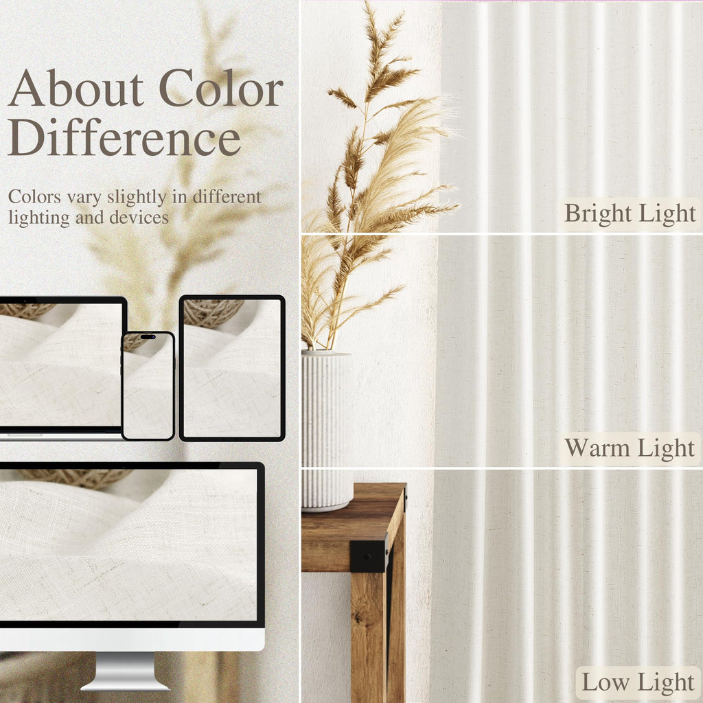 Extra Long Beige White Linen Curtains 120 Inch 2 Panels Set Rod Pocket Back Tab Light Filtering Semi Sheer Soft Linen