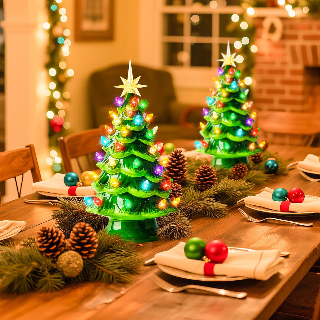 13 Inch Ceramic Christmas Tree, Tabletop Christmas Tree with Multicolored LED Lights, Battery Operated Vintage