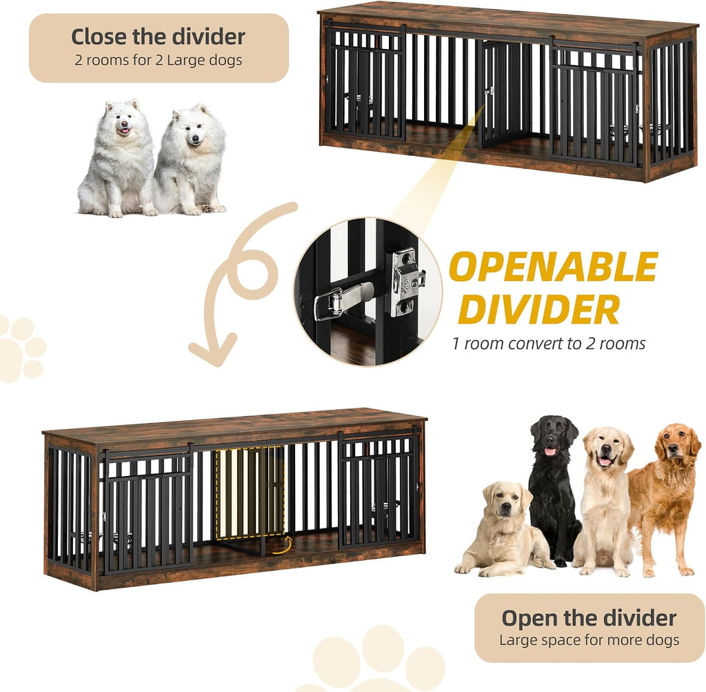 Double Dog Crate Furniture with 4 Dog Bowls