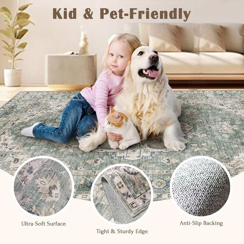 3x5 Washable Area Rug - Small Entryway Rug Non-Slip Sage Green Vintage Oriental Kitchen Rugs Low Pil