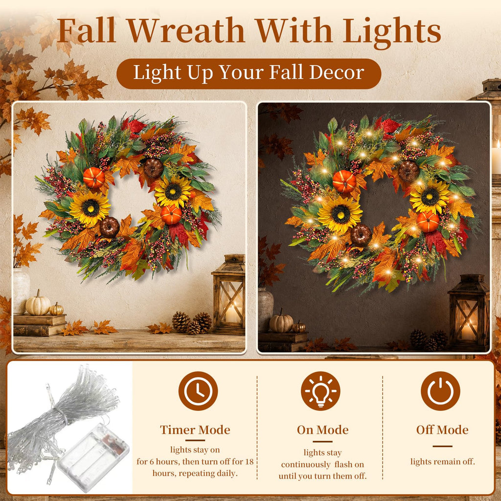 24Inch Lighted Fall Wreaths for Front Door with Timer, Fall Door Wreath
